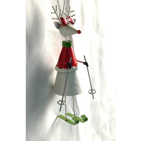 Reindeer Christmas Ornament With Skis & Red Bow  Metal Handcrafted  Holiday Deco - Picture 1 of 6